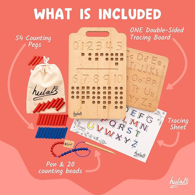 Montessori Counting Peg Board - Number & Letter Tracing Board - Wooden Montessori Alphabet & Counting Toys Toddlers 3+ Years Old - Alphabet Learning + Education Home Schooling Materials Pre-K