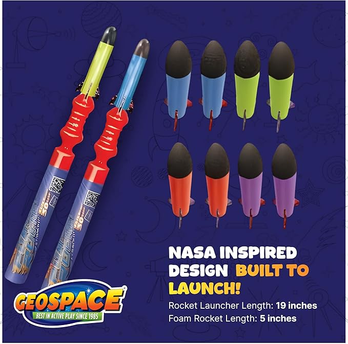 Geospace Hand Held Pump Rocket Combo Battle Pack – Flying Foam Rockets Outdoor Toys for Kids, Boys & Girls – 19" Set with 2 Launchers & 10 Rockets Set – Hand Stomper Rocket Toy - Cool Toys for Fun
