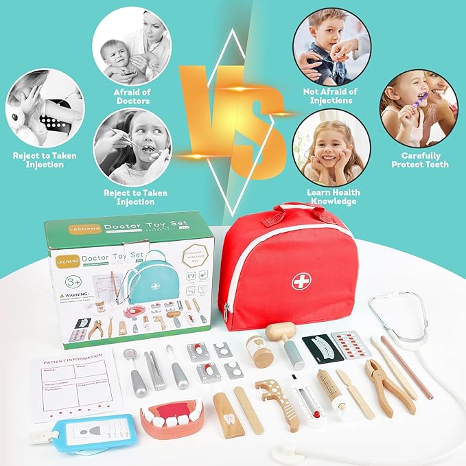 Doctor Kit for Kids, Dentist Pretend Play Educational Doctor Toy Set, 25Pcs Wooden Medical Kit with Stethoscope & Bag & Pretend Teeth & Doctor Toys, Role Play Toys for Girls and Boys 3-8 Years Old