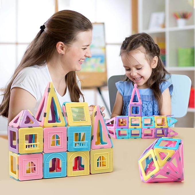 Magnetic Tiles Building Blocks Toys for Kids, 136 Pieces 3D Creative Castle Construction Magnetic Stacking Set Preschool Intelligence STEM Toys for Girls Boys Age 3years and Up (Educational Set)