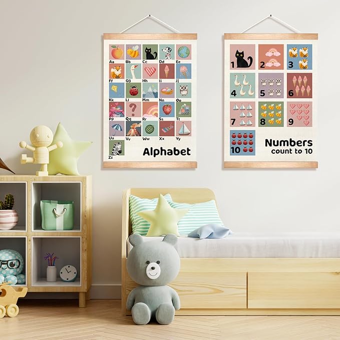 Kids Alphabet and Numbers Learning Posters Set of 2, Linen Canvas Educational Wall Art,Canvas Print Wall Hanging Posters, Cute Animal ABC 1-10 Numbers Charts for Nursery Playroom Preschool Classroom Decor, 18.5x14 Inch(Colorful-02)
