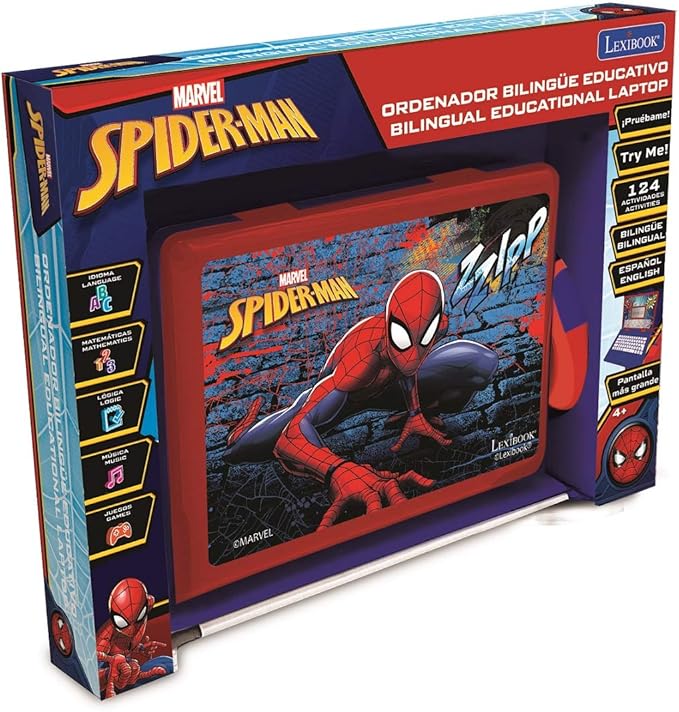 LEXiBOOK Spider-Man - Educational and Bilingual Laptop Spanish/English - Toy for Child Kid (Boys & Girls) 124 Activities, Learn Play Games and Music with Spiderman - Red/Blue JC598SPi2