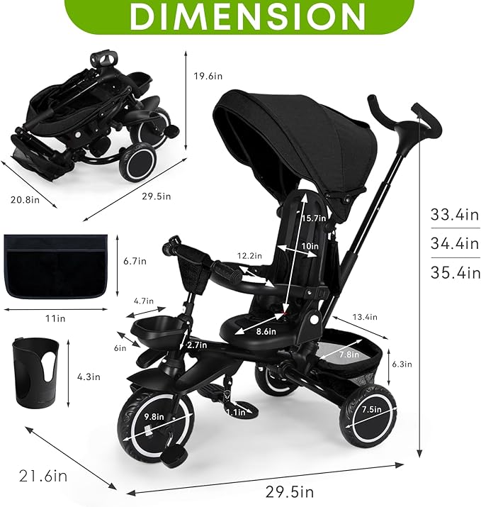 Kinder King Kids Tricycle, 8 in 1 Folding Toddler Trike w/Adjustable Push Handle, Rotatable Seat, Adjustable Canopy, Bell, Five-Point Harness, Storage, Toddler Stroller Bike for Age 6 Months+, Black