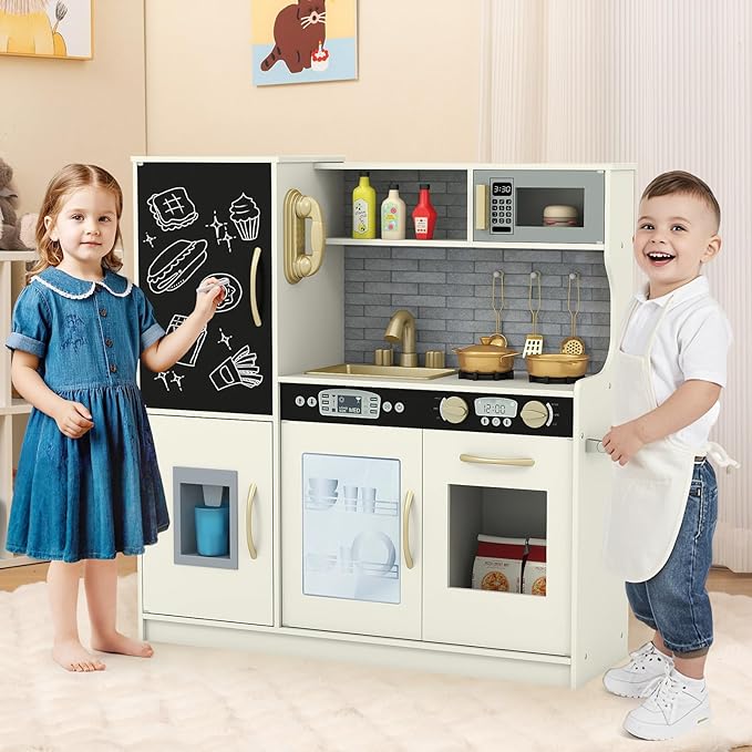 Costzon Kids Kitchen Playset, Wooden Pretend Cooking Toy Set w/Real Sound, Large Blackboard, Telephone, Microwave, Ice Maker, Dishwasher, Oven, Storage Space, Play Kitchen for Kids (Creamy White)