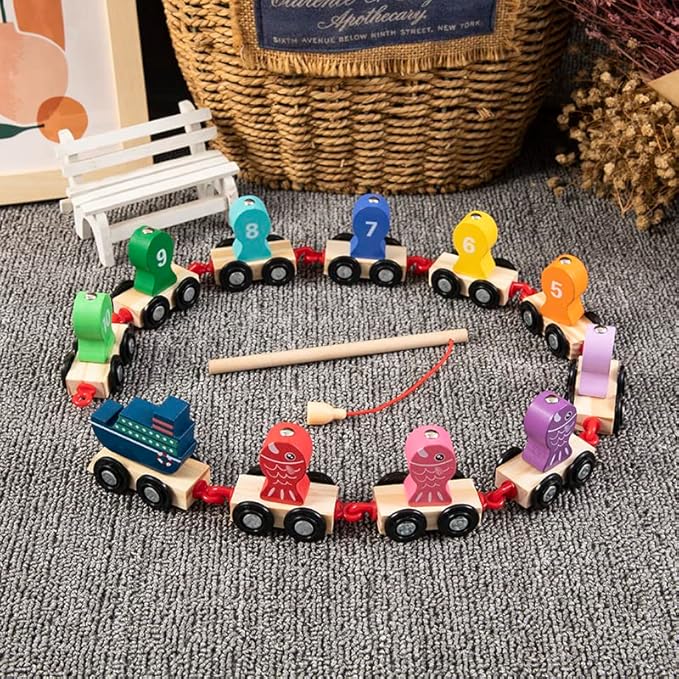 Magnetic Fishing Game for Kids, Wooden Train Set with Numbers Montessori Counting Toys, Preschool Math Learning Educational Game Birthday Gift Fine Motor Skill Toy for Toddlers