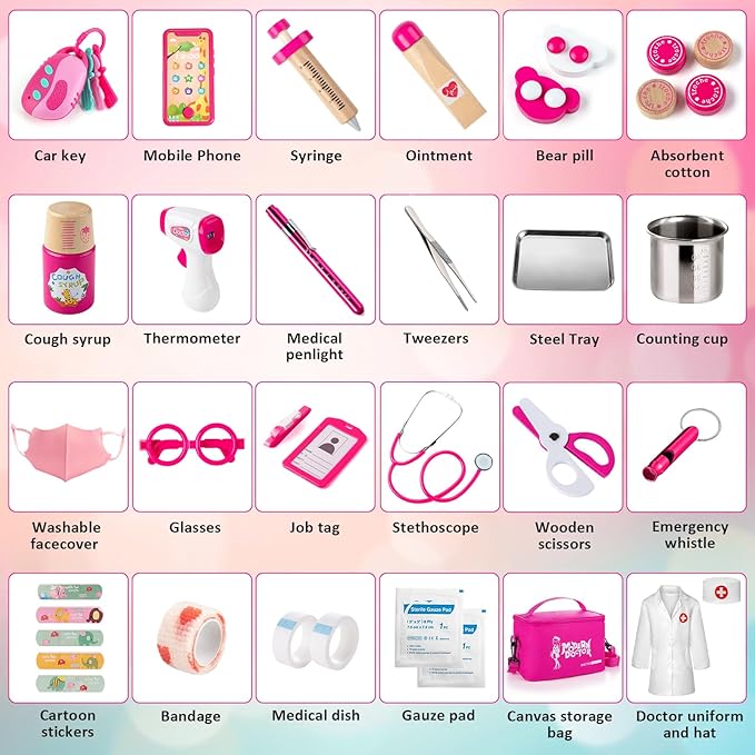 Sundaymot Doctor Kit for Girls, 34 Pcs Pretend Play Doctor Set,Doctor kit for Toddlers 3-5, with Medical Bag, Stethoscope and Other Accessories Doctor Play Gift for Kids Toddlers Role Play