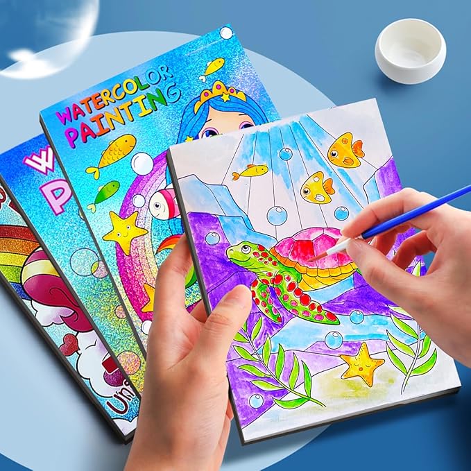 JUNQIU Water Color Paint Sets for Kids, Watercolor Painting Coloring Books for Toddlers, Paint with Water Books for Kids Ages 4-8, Art Craft Kits for Girls Boys Drawing with Brush