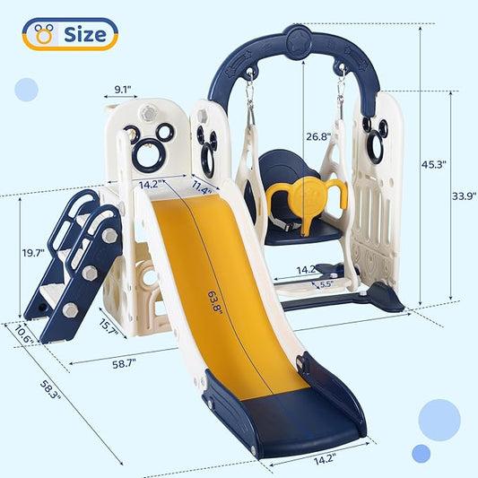 Arlopu 7 in 1 Toddler Slide and Swing Set, Kids Climber Playset with Ball & Hoop, Telescope, Suction Cup Reinforced Base, Baby Indoor Outdoor Playground (Dark Blue)