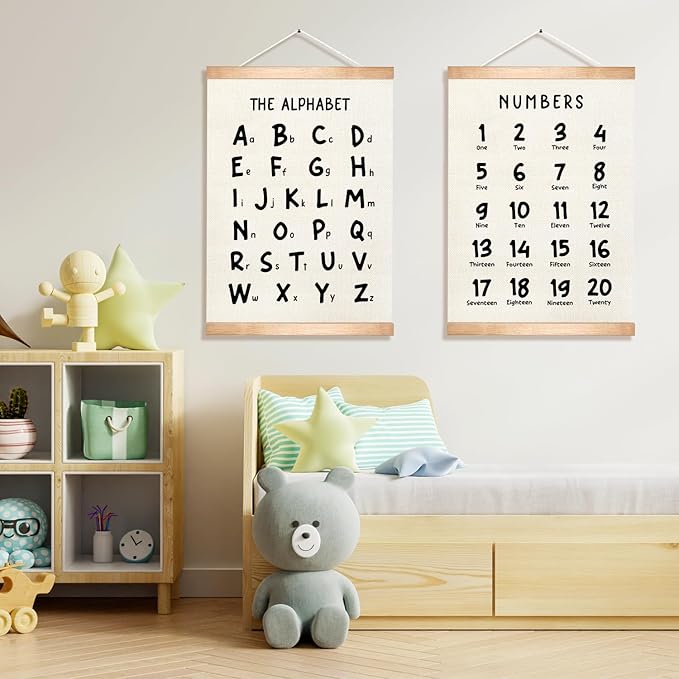 HEYJEEPER Kids Alphabet and Numbers Learning Posters Set of 2,18.5x14 Inch Linen&Canvas Educational Wall Art with Wood Hanger, ABC 123 Chart for Toddlers Classroom Nursery Playroom Decor(Black Font)