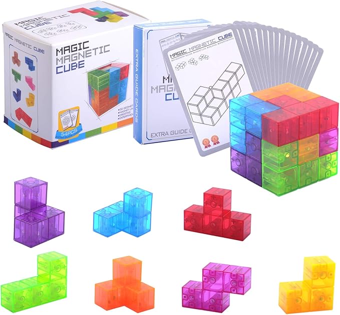 WorWoder Kids Magnetic Building Blocks Magic Magnetic 3D Puzzle Cubes, Set of 7 Multi Shapes Magnetic Blocks with 54 Guide Cards, Intelligence Developing and Stress Relief Fidget Toys for Kids (Blue)