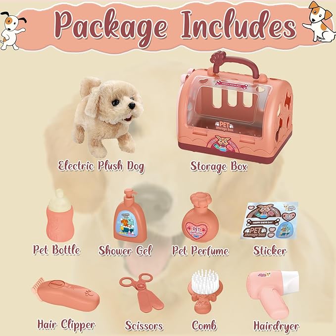 TEUVO Pet Care Play Set Robot Dog Toys for Kids 12Pcs Puppy Dog Toy Pet Walk Grooming Vet Toys Set with Interactive Electric Dog Plush & Cage Pretend Play Gifts for Girls Toddlers 3 4 5 6 7 8 Year Old