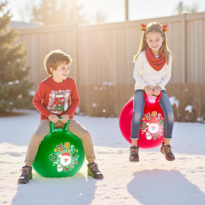 ZOOJOY Hopper Ball 2-Pack Set for Girls&Boys 3-8, Festive Red & Green 18in Bouncy Ball with Handle for Kids, Christmas Toys Indoor and Outdoor Play Includes Pumps