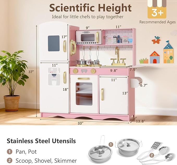 Kinder King Wooden Kids Play Kitchen, Toy Kitchen Playset for Toddler, Pretend Oven, Microwave, Telephone, Chalkboard, Interactive Doors, Knobs, Realistic Kitchen Sets for Boys Girls Age 3+, Gold