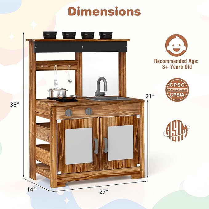 HONEY JOY Mud Kitchen, Cedar Wood Outdoor Play Kitchen for Toddlers, Acrylic Board, Removable Sink, 4 Planting Cups, Kitchen Accessories, Garden Time Mud Kitchen for Kids Outdoor Backyard