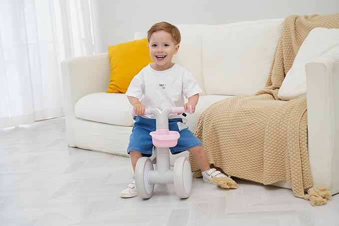Kid's Balance Bikes for 1 Year Old Boys and Girls, 12-36 Months Toddler Ride-on with Adjustable Seat and a Front Basket, First Birthday Gifts (Pink)