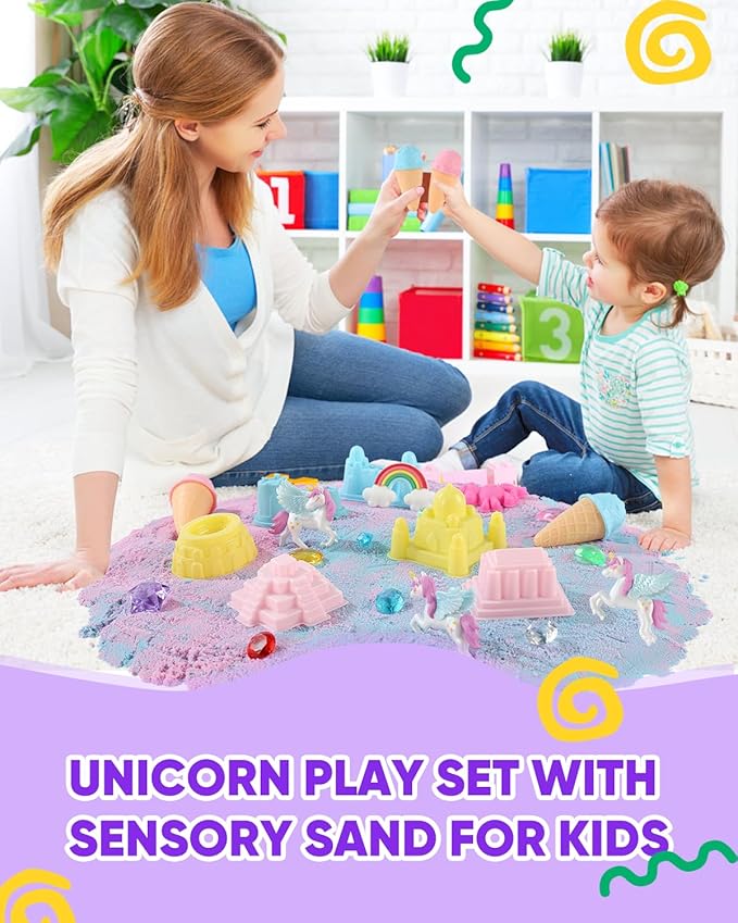 Unicorn Sensory Bin Play Sand Kit for Girls Moulds Toddler Sand Art Kit with Sandbox for Kids for Toddlers Ages 3-8