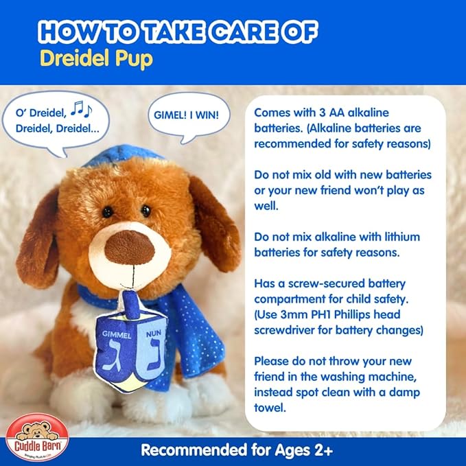 Cuddle Barn | Dreidel Pup - Funny Dancing Puppy Stuffed Animal Plush Toy for Kids | Celebrates Hanukkah in Blue Kippah or Yarmulke | Sings I Have a Little Dreidel, 9 Inches