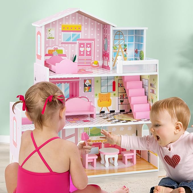 HONEY JOY Pink Doll House, 3-Story Wooden Dollhouse with Ladders & Balcony, 10 Pieces Play Accessories & Furniture Included, Pretend Play Doll House Toy, Gift for Toddler Girls Boys, Pink