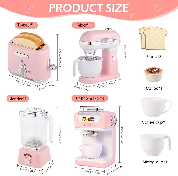 Play Kitchen Accessories, Pretend Play Kitchen Appliances Toy Set with Coffee Maker Machine, Toaster, Mixer, Blender with Realistic Lights & Sounds, Birthday Gifts for Girls Age 3-5 4-8 6-8