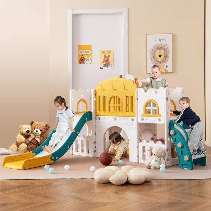 Costzon 8 in 1 Toddle Slide Playset, Freestanding Kids Slide w/Tunnel, Basketball Hoop, Toddler Climber Slide Playset Indoor Playground for Kids 1-3 w/Storage Space, Gifts for Boys Girls (Yellow)