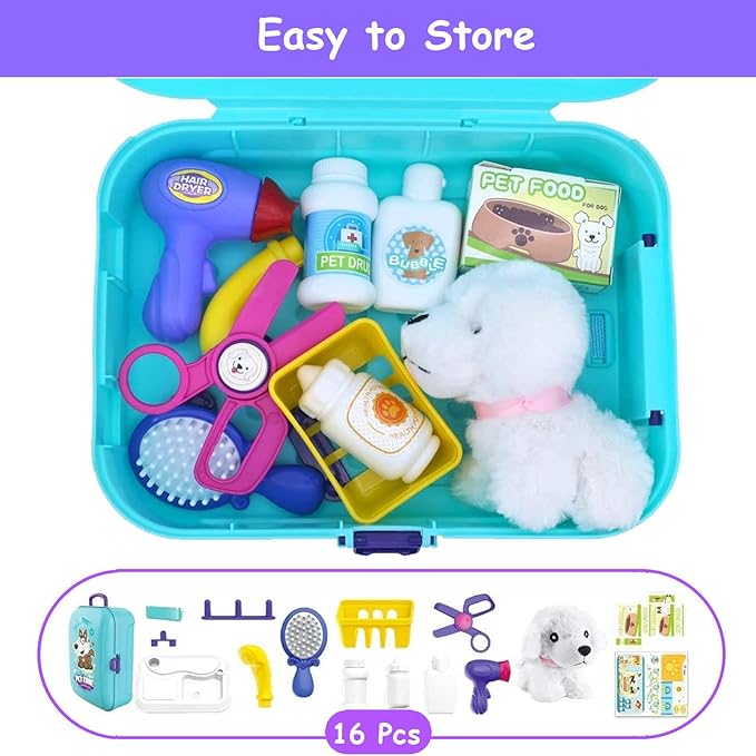 TEUVO Pet Care Play Set Doctor Kit for Kids, 16 Pcs Doctor Pretend Play Vet Dog Grooming Toys Puppy Dog Carrier Feeding Dog Backpack Gifts for Girls Boys 3-7 Years Old