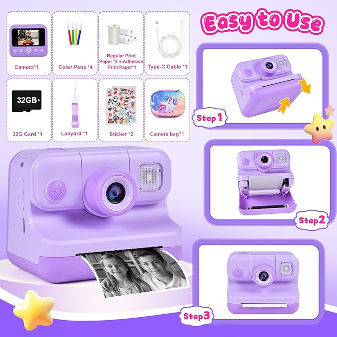 Kids Instant Print Camera, 30MP 1080P HD Digital Camera for Boys Girls with Color Pens & 32GB Card, Christmas Birthday Gifts Kids Toys for 3-12 Years Old (Purple)