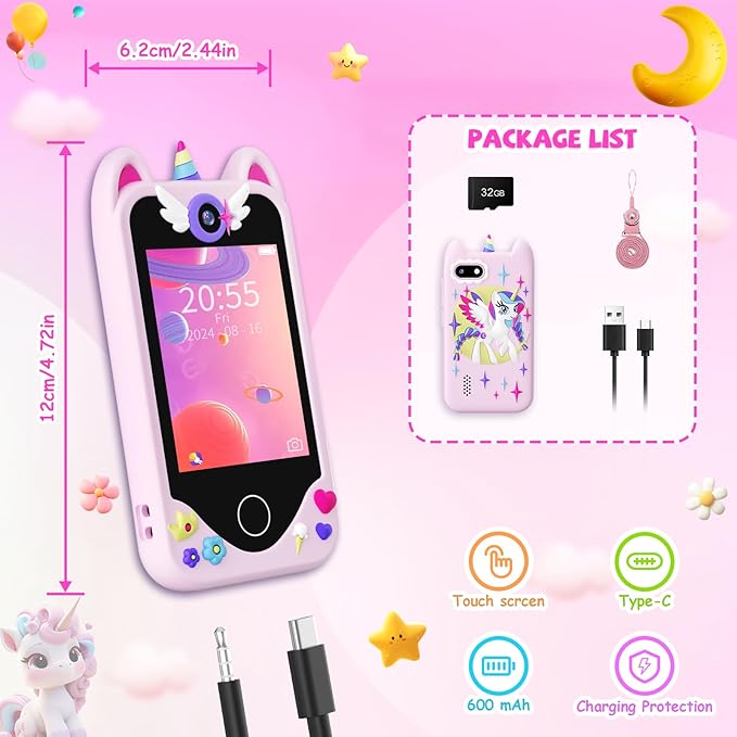 Kids Smart Phone for Girls Gifts - Toddler Christmas Birthday Gift for Age 3 4 5 6 Year Old, Kids Cell Phone Toy with Touchscreen, Dual Cameras, Learning, Kid Mp3 Player, Games with 32 GB Card