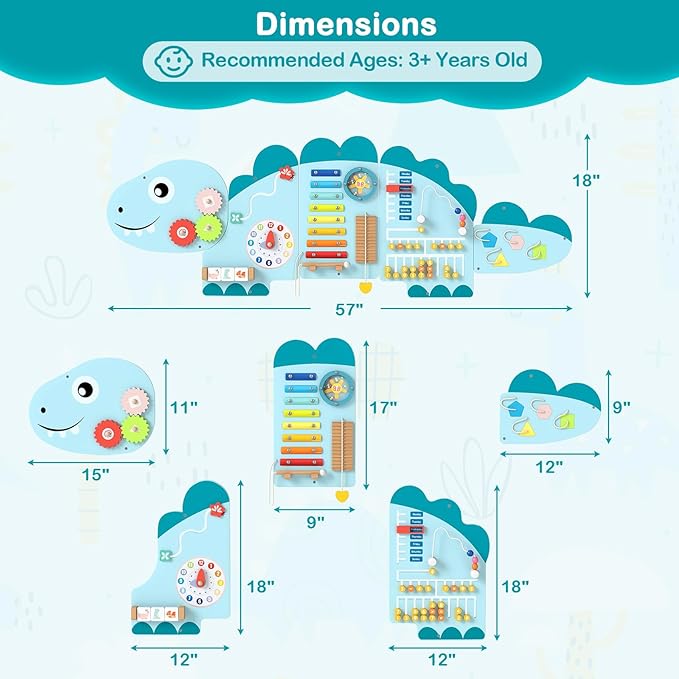 HONEY JOY Dinosaur Activity Wall Busy Board Panels, 11-in-1 Wooden Sensory Wall Panel for Kids, Toddler Learning Activity Center, Ideal for Playroom Daycare Nursery Classroom Dentist Office (Blue)