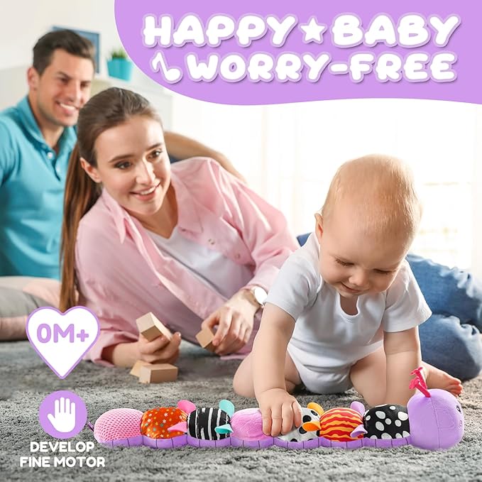 Baby Toys 0-6-12 Months,Musical Caterpillar Stuffed Animals Activity Infant Toys with Crinkle,Rattles,Muti-Teething Sensory Toy,Boy Girl Gifts for Newborn Tummy Time,Purple