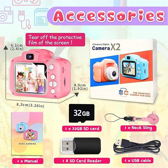 Upgrade Kids Selfie Camera, Christmas Birthday Gifts for Girls Age 3-9, HD Digital Video Cameras for Toddler, Portable Toy for 3 4 5 6 7 8 Year Old Girl with 32GB SD Card (Pink