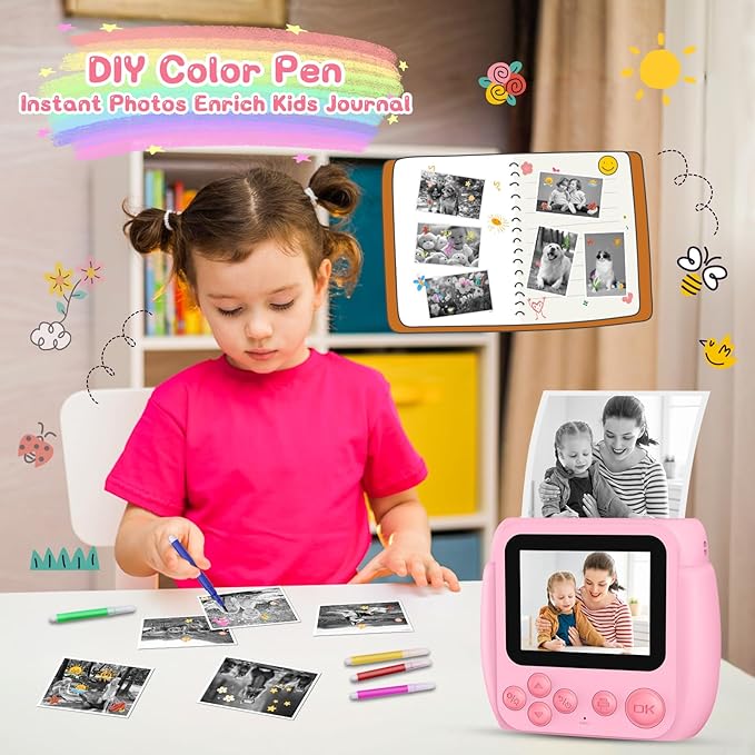Kids Camera Instant Print, Birthday Gifts for Girls Boys with 3 Rolls Print Paper & 32GB Card, 48MP Toddler Digital Camera 1080P HD Video Toys Cameras for Kids 3-12, Pink