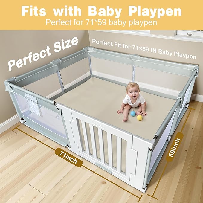 Padded 71" ×59" Large Baby Play Mat for Floor, 1.2" Thick Memory Foam Playmat with Soft Vegan Leather Cover, Cushioned Play Mat for 71" x59" Playpens, Grey