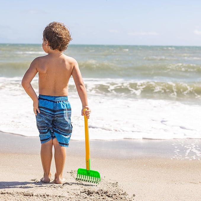 Spielstabil Four Seasons Pack of Sand Toys - Children's & Toddler Outdoor Toys, Long Handled Beach Shovel, Leaf Rake, Flat Snow Shovel & Garden Rake