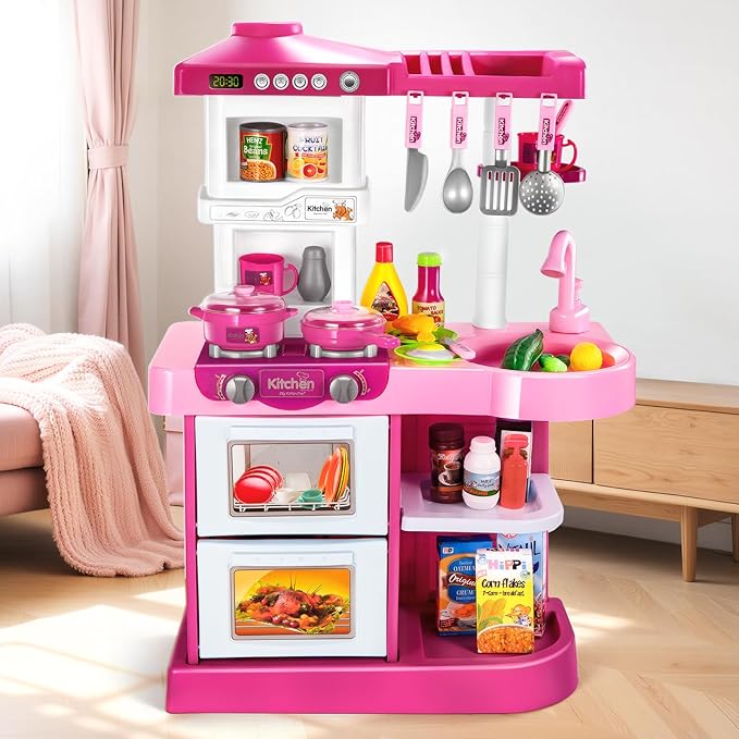53 PCS Play Kitchen Pretend Food Set for Kids Ages 3-6 4-8, Pink Kitchen Toys with Light, Sound and Spraying, Sink Toy Accessories, Indoor Outdoor Playset for Toddlers 3-5 Boys Girls 6-12