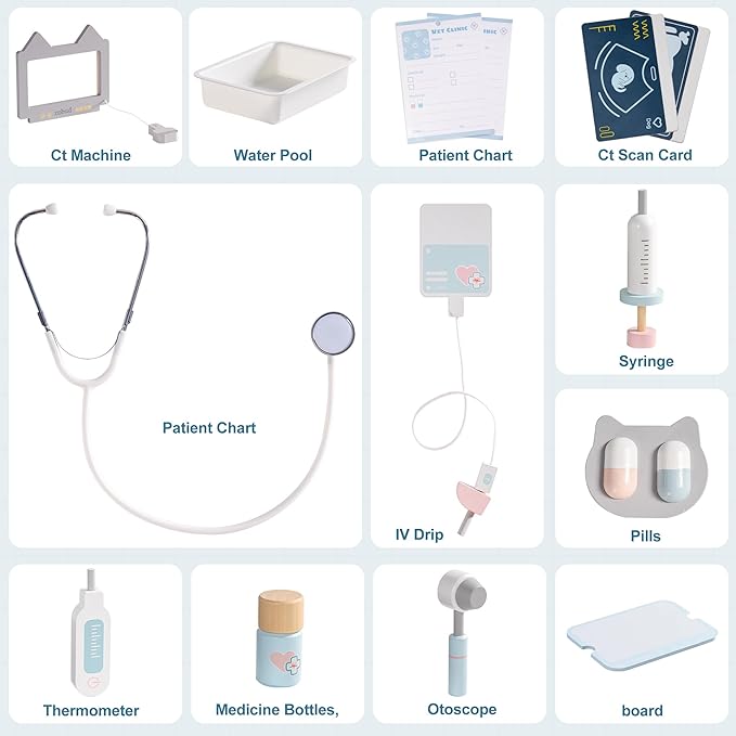 ROBOTIME Doctor Kit for Toddlers, Wooden Kids Doctor Play Set with Medical Cart & Accessories, Pretend Role Play Doctor Toys for Girls Boys, Toddler Doctor Playset Gift