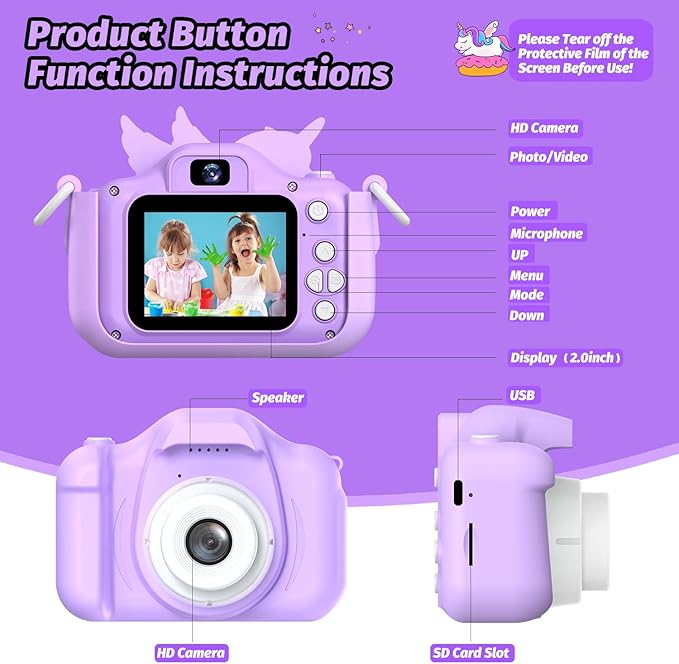 Upgrade Kids Camera for Boys Girls, Toddler Digital Selfie Camera with Cute Protective Cover and 32G SD Card, Christmas Birthday Gifts Toys for 3 4 5 6 7 8 9 10 11 12 Years Old Little Girls and Boys