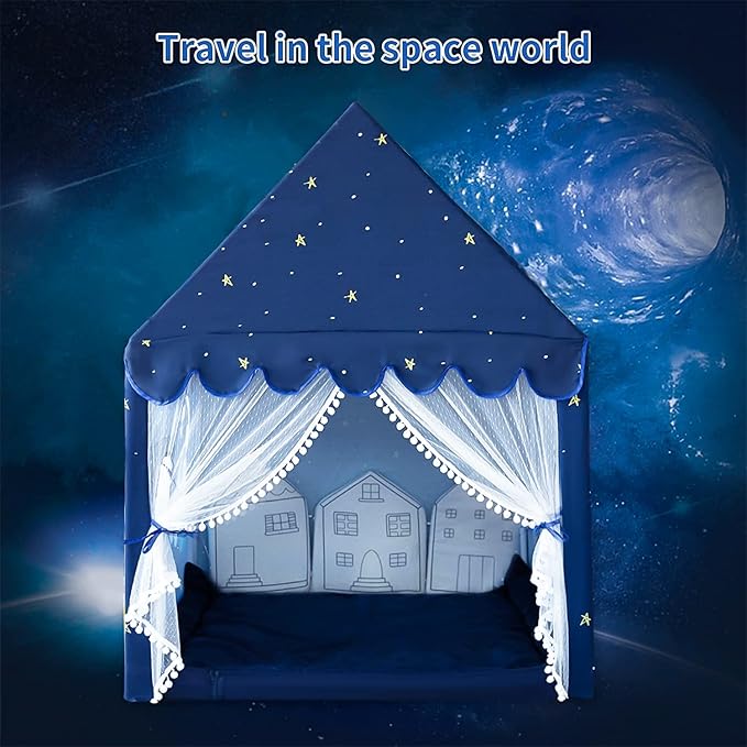 Kids Play Tent Playhouse Indoor Tent for Kids Boys Toddler, Large Castle Play House Bed Tents Spaceship Outer Space Rocket Blue, Kid Toys for Boy Girl Birthday, Christmas House Gift