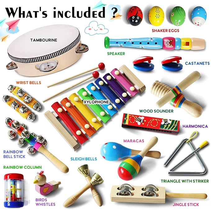 LOOIKOOS Toddler Musical Instruments,Wooden Percussion Instruments Toy for Kids Preschool Educational Musical Toys Set for Boys and Girls with Storage Bag