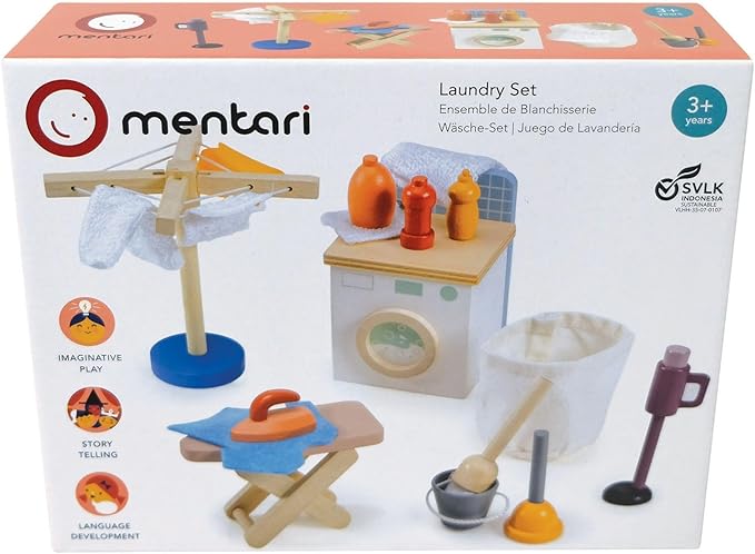 Mentari Toys - Laundry Set - Wooden Dollhouse Playset with Washing Machine, Ironing Board, Dryer, and Cleaning Tools - Encourages Imagination, Fine Motor Skills and Everyday Routine Learning - Age 3+