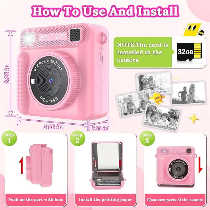 Kids Instant Print Camera - Christmas & Birthday Gift for Boys and Girls Ages 3-12, HD Digital Video Camera Toy with 3 Rolls Printing Paper & 32GB Card (Pink)