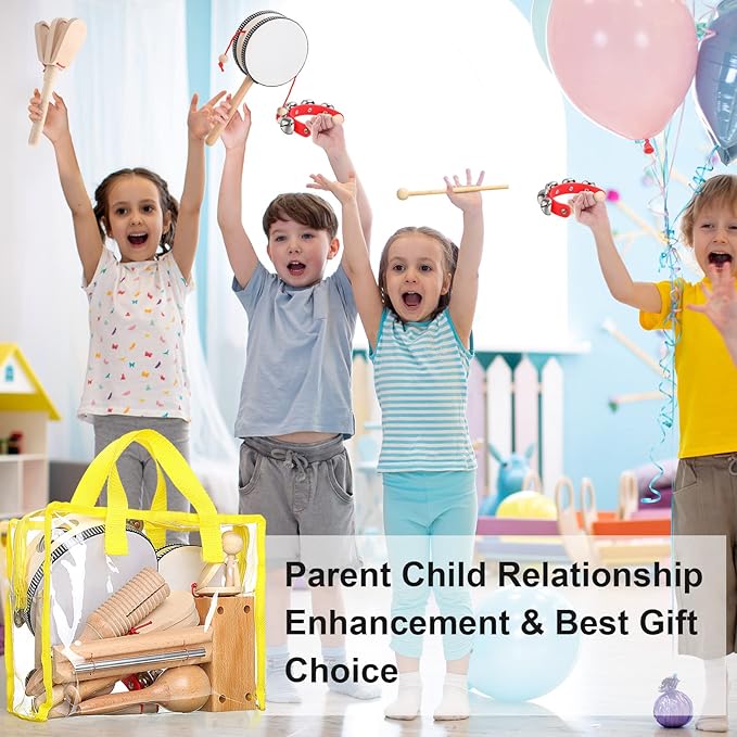 Chumia Toddler Musical Instruments Set 13 Pcs Montessori Wooden Percussion Instruments with Drum Preschool Educational Baby Early Learning Music Toys Set for Little Boys Girls Kids Children Gifts