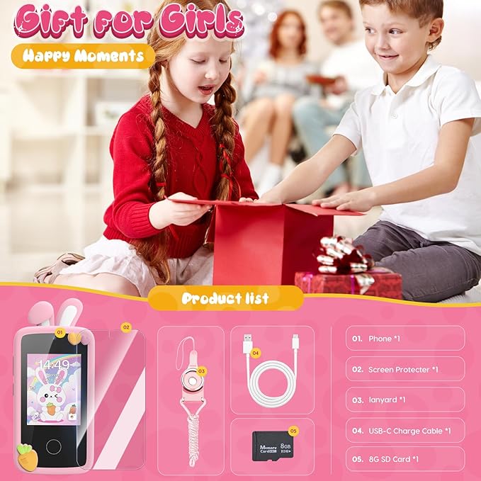 Luyiilo Kids Smart Phone Toys for Girls,Easter Gift for Kids Toys for 3-9 Girls Mini Smart Phone Toys with 2.8" Touchscreen 16 Learning Games Dual Camera Music Player, 8G SD Card