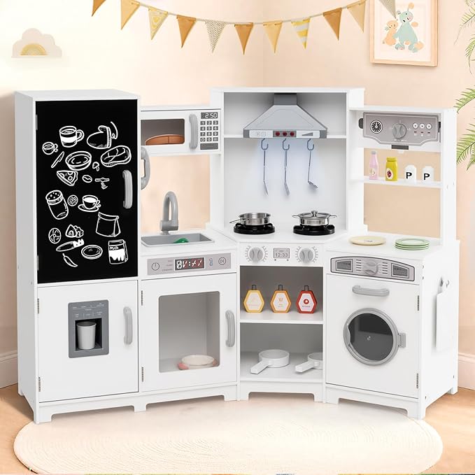 HONEY JOY Corner Play Kitchen, Large Wooden Pretend Toy Kitchen Set w/Lights, Ice & Coffee Maker, Range Hood, Chalkboard, Microwave, Cookware, Little Chef Kids Kitchen Playset for Toddlers (White)