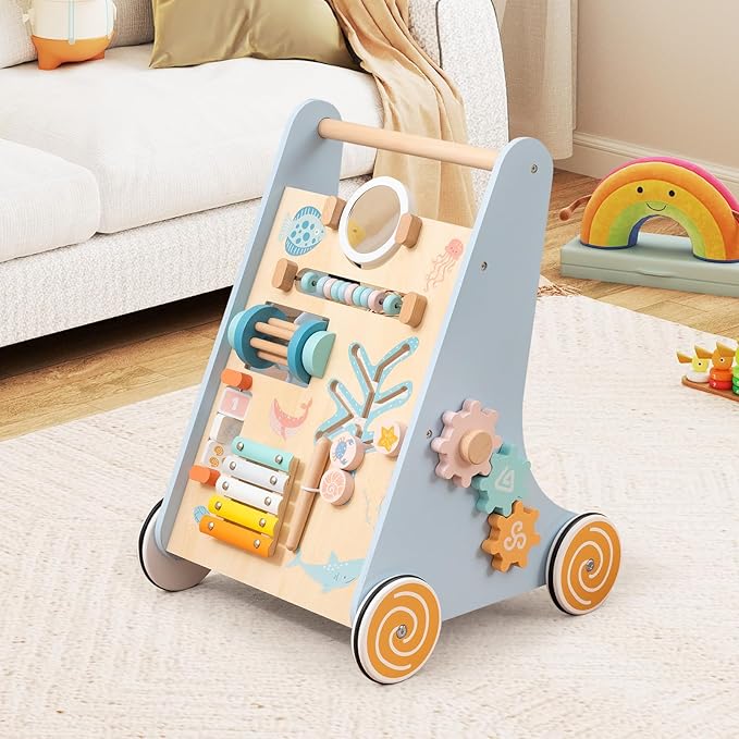 HONEY JOY Baby Push Walker, Wooden Infant Walker Activity Center with Shape Sorter, Develop Motor Skills & Creativity, Push Toys for Babies Learning to Walk, Gift for Boys & Girls