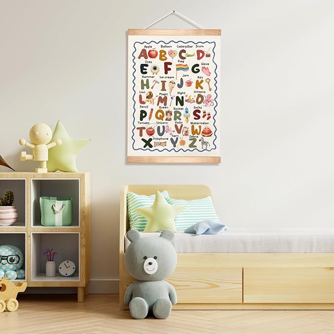 Educational Wall Art Posters ABC Alphabet Chart, Learning Posters for Kids,ABC Banner Poster, Canvas Wall Hanging Decor for Toddler Room Playroom Nursery Wall Classroom Decor 18.5x14inch(Colorful-06)