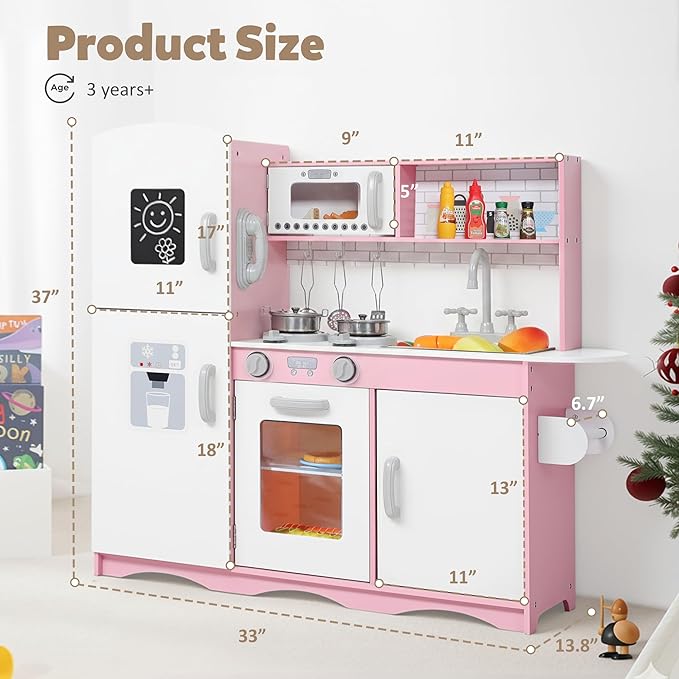 Wooden Kids Kitchen Playset, Modern Wooden Play Kitchen Sets w/Lighted Stove, Oven, Microwave & Ice Maker, Little Chef Pretend Play Kitchen for Girls and Boys (Pink)