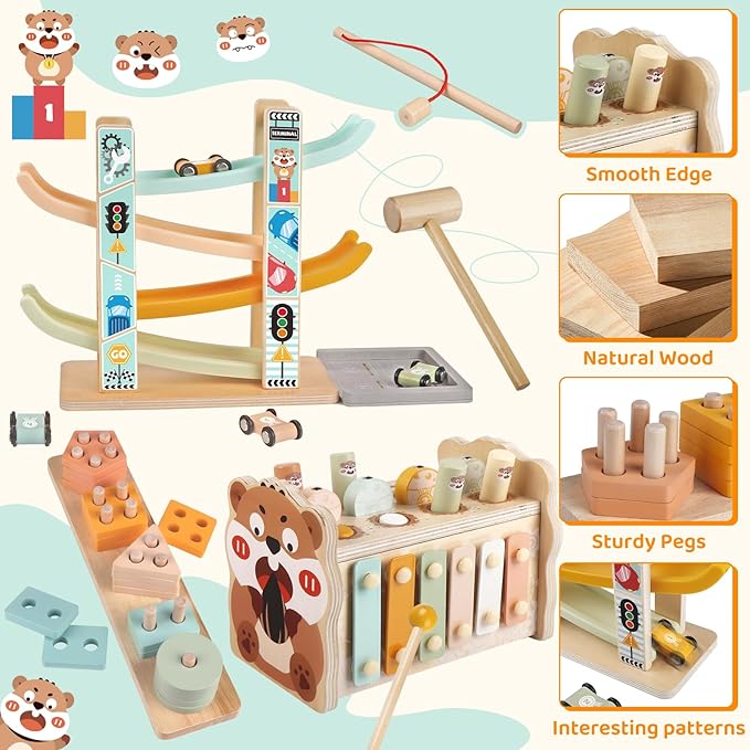 Wooden Montessori Toys for Toddlers 1-3, Baby Pounding Hammering Toy with Xylophone & Fishing Game, Car Ramp Racer, Stacking Blocks & Shape Sorter, 3 in 1 Learning Multi-Activity Set for 1 + Year Old