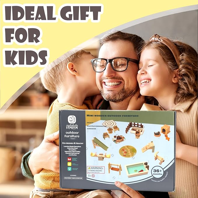 26PCS Wooden Dollhouse Furniture Set, Outdoor Miniature Doll House Accessories Playset for Toddlers, Outdoor Scenes Poolside Playground Pretend Play Toy for Kids 3+