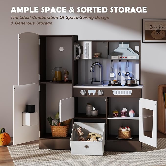 JOYDIAS Kids Play Kitchen Set, Pretend Wooden Kid Kitchen Playset Toy Kitchen w/Sound and Light, Oven, Ice Maker, Blackboard & Toy Storage Box, Toddler Kitchen Accessories for Kids Ages 3+