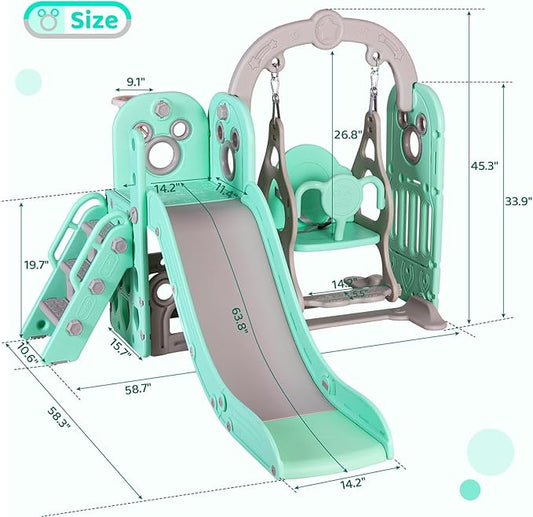 Arlopu 7 in 1 Toddler Slide and Swing Set, Kids Climber Playset with Ball & Hoop, Telescope, Suction Cup Reinforced Base, Baby Indoor Outdoor Playground (Light Green)